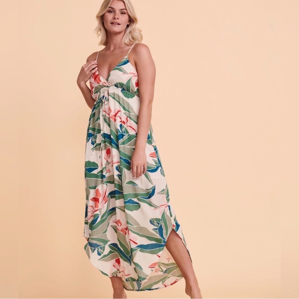 Billabong Tropical Floral Maxi Dress in Cream with Green & Coral Leaves LG